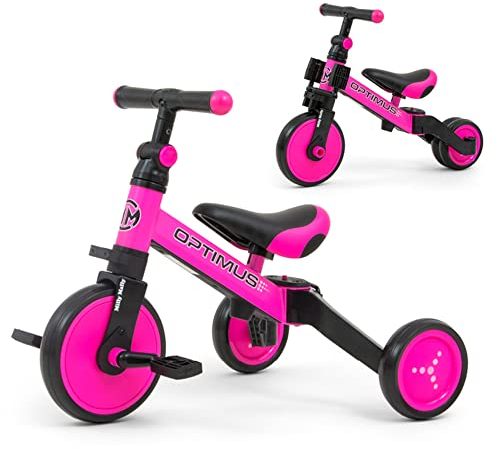 Milly Mally Optimus Kinderfahrrad 3-in-1, Dreirad, Laufrad mit Pedalen, für Jungen und Mädchen ab 1 Jahr, Lauflernhilfe für Kinder, Rutscher, für EIN Geschenk geeignet ROSA