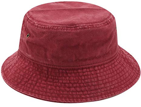 JFAN Fischerhut Unisex Eimer Hut Sommer Einfachheit Hut UV Schutz Doppelte Retro Abnutzung Sonnenhut Faltbar Segeltuch Hat 56-58CM Weinrot