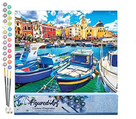 Figured'Art Peinture par Numéro Adulte Petits Bateaux de pêche au Port - Activité Manuelle Kit de Loisir Créatif DIY Numéro d'art Complet - 40x50cm sans châssis en Bois