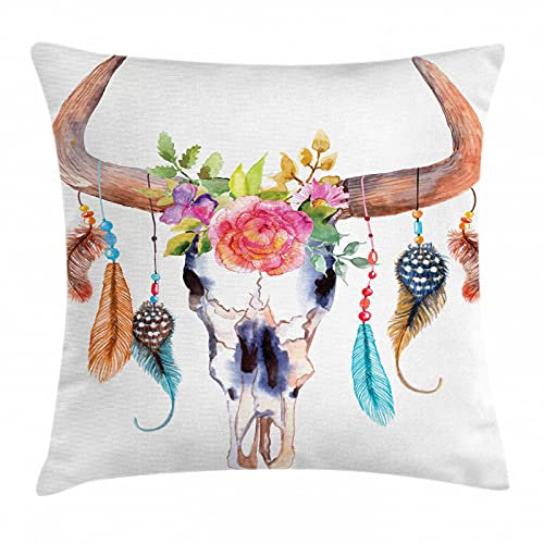 ABAKUHAUS Aquarell Kissenbezug, Bull Schädel Boho Pflanze, Waschbar mit Reißverschluss Kissenhülle mit Farbfesten Klaren Farben Beidseitiger Druck, 40 x 40 cm, Rosa Braun