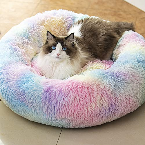 Raimaiso Hunde- und Katzenbett gegen Angst, rund, flauschiges Plüsch-Kunstfell, warm, waschbar, zur Entlastung der Gelenke und zum Verbessern des Schlafes (50.8 cm/61 cm/68.6 cm, Regenbogen)