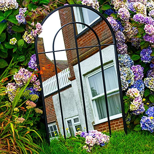 Woodside Oaken XL Decorative Outdoor Garden Arch Mirror, Black Rustic Metal, W: 65cm x H: 108cm