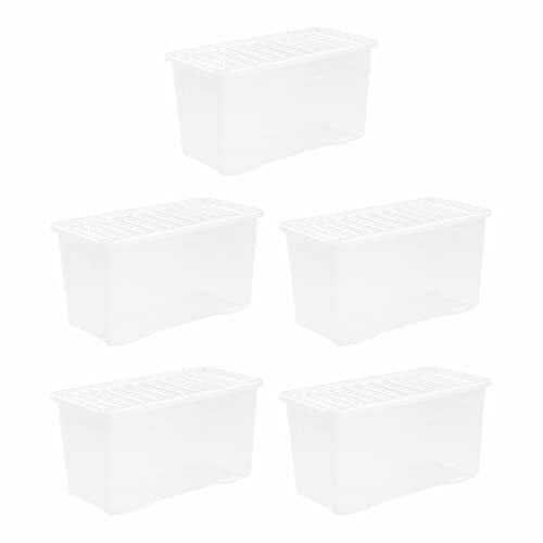 JMS we create smile [Pack of 5] Home Office Clear Plastic Stackable Storage Boxes & Lids (110 Litre)