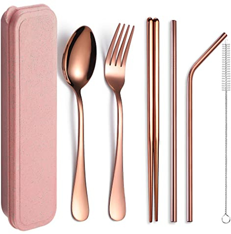 XIAOYU 6 Pieces Portable Reusable Cutlery Set, Stainless Steel Flatware Set, Travel Utensils Set, Includes Chopsticks/Fork/Spoon/Straws/Cleaning Brush, Rose Gold