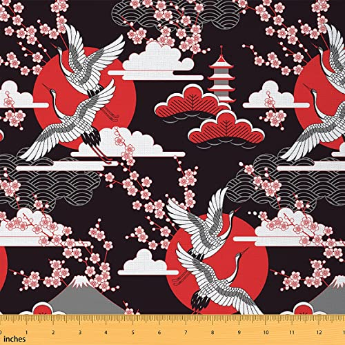 Crane Fabric Meterware Kirschblüten Polsterstoff zum Quilten Nähen von Kleidung Retro Dekorationsstoff im japanischen Stil Polster und Wohnakzente Heimwerker Patchwork 92 x 150 (HxB) Rot