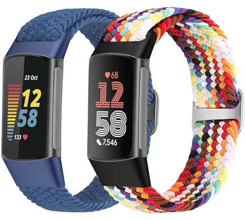 Yunshare Elastische Geflochtene Armband Nur Kompatibel mit Fitbit Charge 6/Fitbit Charge 5, Verstellbare Solo Loop Dehnbares Nylon Gewebe Ersatzarmbänder für Fitbit Charge 6/Charge 5 Damen Herren