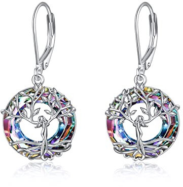 Tree of Life Leverback Earrings Sterling Silver Dangle Drop Earrings with Blue Crystal, Birthday Jewellery Gifts for Women (Purple)
