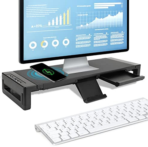 Yctze Monitor Stand Riser, Computer Monitor Stand with Drawer/15W Wireless Charging, Multifunctional Stand for Laptop Computer Screen Storage, with Phone Holder/USB Port,