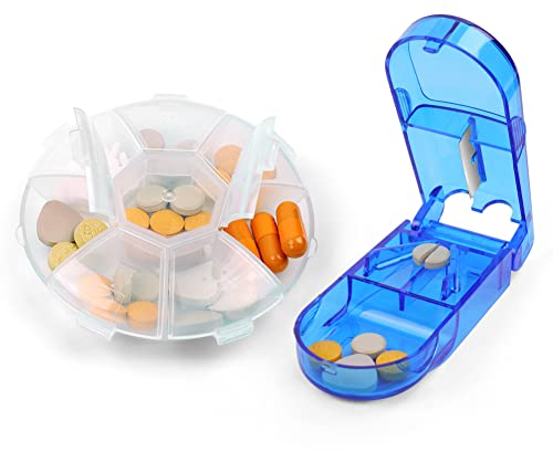 AOOWU Tablettenteiler, Pillenteiler, Medikamententeiler für Kleine und Große Tabletten, Pillenschneider mit 1 Stück Tablettenbox7 Tage Morgens Abends, für Medizin in ein Halbes Viertel Schneiden(Blau)