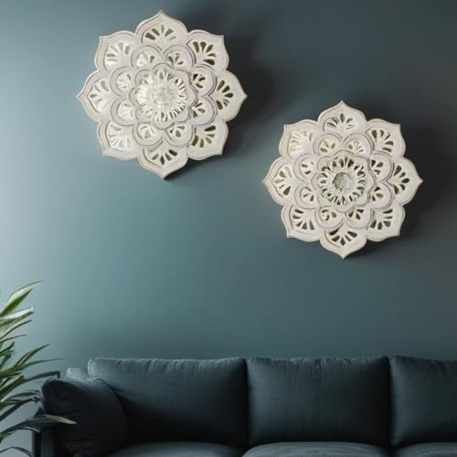 MARRAKESCH 2er Set Boho Deko Wanddeko Wanddeko aus Holz 40cm gross Ornament Amila weiss als Orientalische Wandbild Dekoration