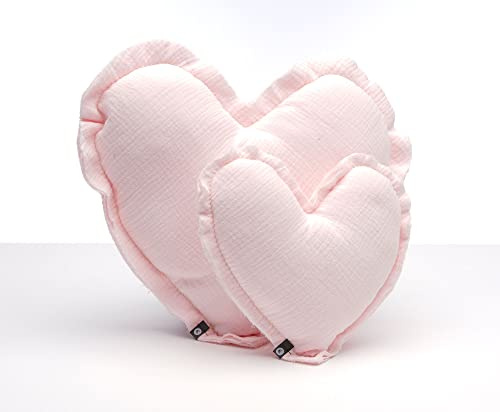 von Herzen Handmade Musselinkissen aus 100% Baumwolle Kuschelkissen I Dekokissen auf Musselin in Herzform I Herzkissen für Sofa & Bett I Handgenäht (Groß (Ø ca. 32cm), Puder)