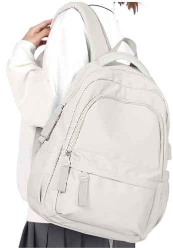 WEPLAN Rucksack Damen Schule Casual Schulrucksack Mädchen Teenager Schultasche College Rucksack für Reisen Arbeit mit USB-Ladeanschluss School Backpack 14 Zoll Laptop Wasserdicht,Beige