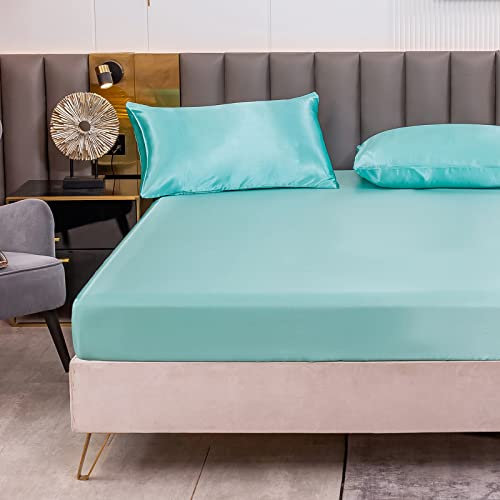Satin Spannbettlaken Einfarbig 160x200 cm für Matratzen bis 30cm, Betttuch Leintuch Weiche Polyester-Satin Spannbetttuch Bettlaken Himmelblau