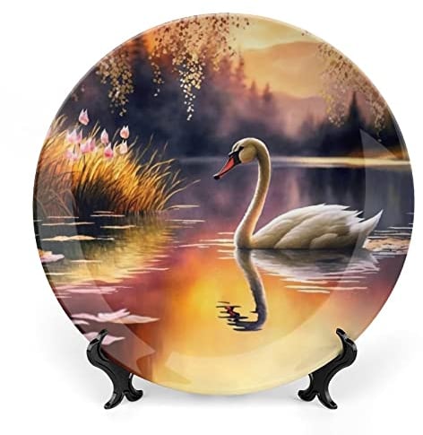 Assiettes décoratives pour décoration d'intérieur, coucher de soleil sur le lac des cygnes avec fleurs, arbre et montagne, plateau de décoration pour table, assiette en céramique avec support,