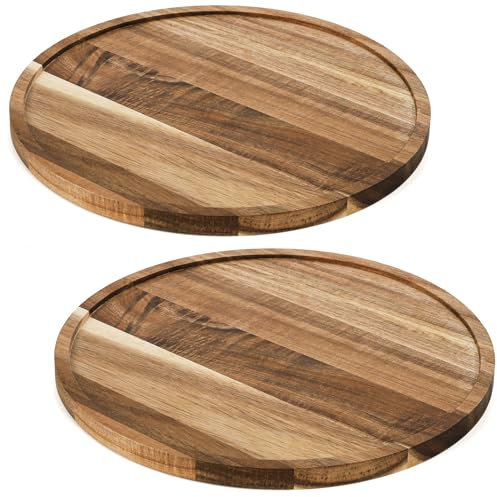 Nicunom 2 Pack Round Wood Tray, Wooden Serving Tray Centerpieces Candle Holder Trays Round Decorative Tray Rustic Ottoman Tray for Kitchen Countertop Coffee Table Home Decor