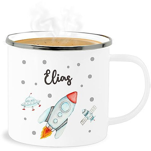 Emaille Becher Blechbecher - Weltall - Rakete mit Name personalisiert I Flugrakete I Raumfahrt I Weltraum I Astronaut Geschenk - 300 ml - Weiß Silber - planeten raketen tasse nasa astronauten