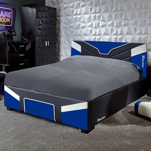 X-Rocker Cerberus Gaming Bed, 4ft Small Double Bedstead Frame, Wooden Slats, PU Faux Leather Upholstered Headboard, Low Footboard, Ideal for Teens, Kids, Children, Gaming Inspired Blue Black 120x190cm