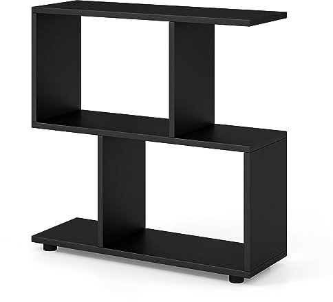 COSTWAY Wooden Bookshelf, 2-Tier Freestanding Storage Bookcase with 4 Compartments, S-Shaped Display Shelf Open Rack Shelving Unit for Living Room, Bedroom and Office (Black)