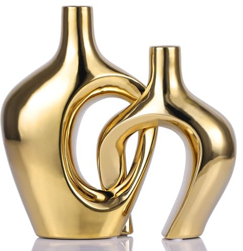 Goldene Hohle Keramikvasen im 2er-Set – Moderne Dekorvasen im nordischen Boho-Stil, Pampasgras-Blumenvasen für Hochzeit, Wohnzimmer, Büro, Eingang, Esstisch-Dekoration, Tafelaufsätze