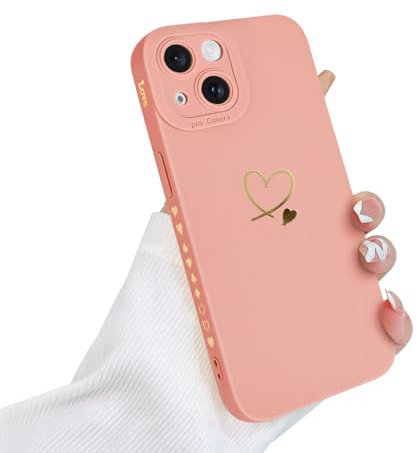 Coque pour iPhone 15 Motif Cœur Doré Ultra Fine iPhone 15 Coque pour Filles et Femmes, Joli Bord de Coeur Coque de Protection Antichoc en Silicone Souple pour iPhone 15-Rose