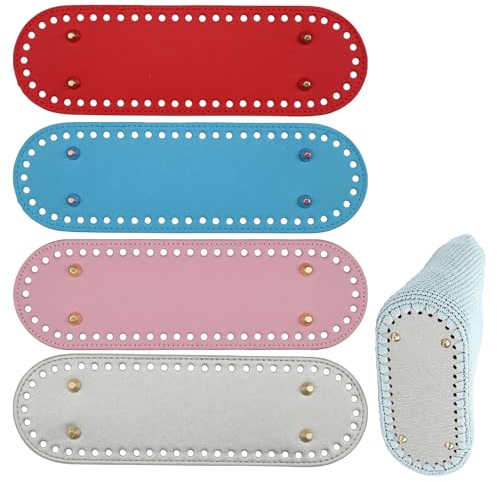 posionks 4 Pezzi Fondi per Borse Uncinetto 26 x 8 cm PU Fondo Borsa per Realizzazione Ovale Basi per Borse con Fori Accessori per Borse Fai da Te Uncinetto (Rosso, Blu, Rosa, Argento)