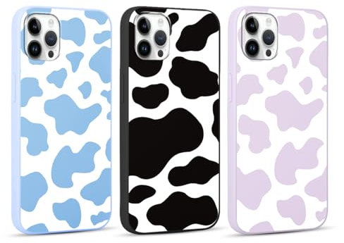 RUMDEY 3 Pack Cute Cow Print Girls Woman Phone Case for Apple iPhone 13 Pro Max 6.7 inches, Matte Soft Slim Shockproof TPU Bumper Cover for iPhone 13 Pro Max with Design, Blue&Purple&Black