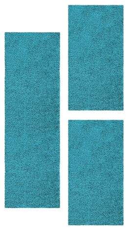 Carpetsale24 Bettumrandung Schlafzimmer 3 teilig Shaggy Hochflor Teppich Türkis Bettvorleger Schlafzimmer Bettset: 2 St. 80x150 cm | 1 St. 100x200 cm - Teppich Läufer Set Einfarbig Design