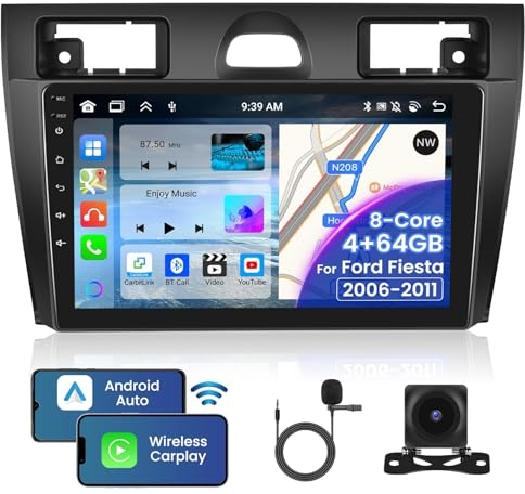 Inefala 8 Core 4+64GB Android 15 Autoradio per Ford Fiesta 2006-2011 Stereo 9 Pollici Schermo Touchscreen con Wireless Carplay Android Auto con Bluetooth, GPS, FM RDS, Retrocamera AHD