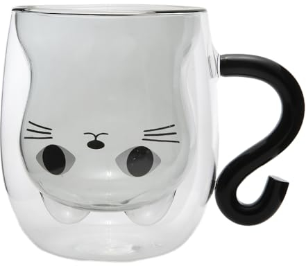 lachineuse - Tasse Chat Kawaii Noir - Verre Double Paroi - Anse Queue de Chat - Contenance 300 ml - Tasse Café, Thé, Chocolat Chaud, Cappuccino - Mug Déco Japonaise - Idée Cadeau Japon Asie