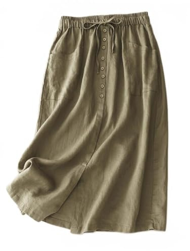 IDEALSANXUN Leinenröcke für Damen, Sommer, A-Linie, fließend, lässig, Kordelzug, hohe Taille, Knopfleiste, Midi-Röcke mit Schlitz, Armee, Klein