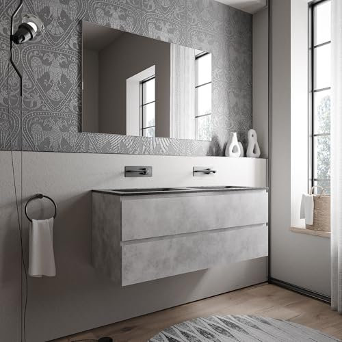 Bernstein Badmöbel-Set AVA 120cm bestehend aus Mineralguss-Doppel-Waschbecken mit Unterschrank in Beton, Waschtisch Cream - Schwarz matt ohne Hahnloch, Ideal für große Bäder