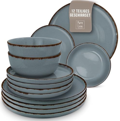 Set di Piatti per 6 Persone Rustic 12 Pezzi - Design Rustico e Moderno, Lavabili in Lavastoviglie - Set di Ciotole e Piatti Colorati - Pure Living Blu Fumé