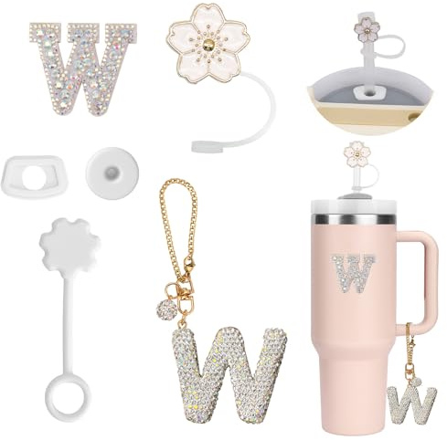 6PCS Personalized Tumbler Accessories for Stanley Cup, Straw Cover Cap, Initials Decorations, Letter Stickers, Letter Charms for Tumbler, Straw Cover Cap and Leak Stopper for Stanley Cup(W)