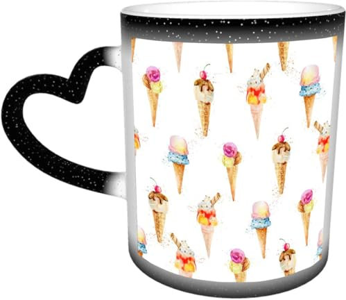 DOHXQM Mug magique - Mug à changement de couleur,Tasse à Café,revêtement thermique,330ml - Idée cadeau pour femmes & hommes,Cônes de glace isolés aquarelle nourriture et boisson