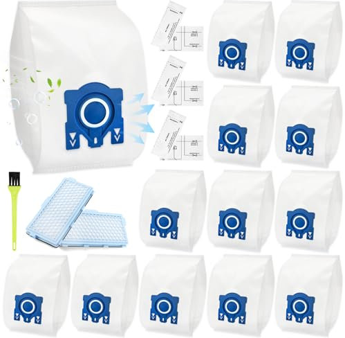 12 Bolsas para Aspiradoras Miele GN, Compatible con las Bolsas de Miele GN 3D Airclean Efficiency Classic C1 Complete C2 C3, S227, S400i, S600, S2, S5 y S8 Series, 3 juegos de filtros, 2 filtros HEPA