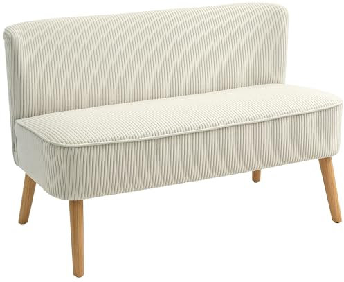 HOMCOM Sofa 2 Sitzer modern Couch ohne Armlehne Gepolstert Polstersofa mit Cord-Optik, klein Loungesofa mit Holzbeine für Wohnzimmer, 117 x 56,5 x 77 cm, Cremeweiß