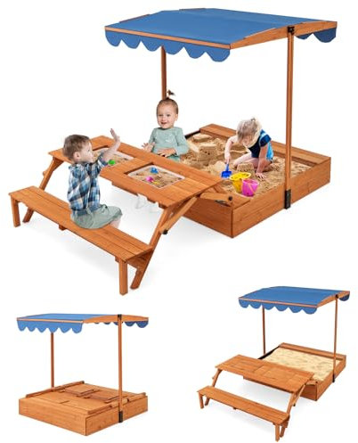 DREAMADE 3 in 1 Sandkasten aus Tannenholz, Sandkiste mit ausklappbarem Picknicktisch & 360° verstellbares Vordach, Kinderspielplatz für Garten, Hinerhof, Strand