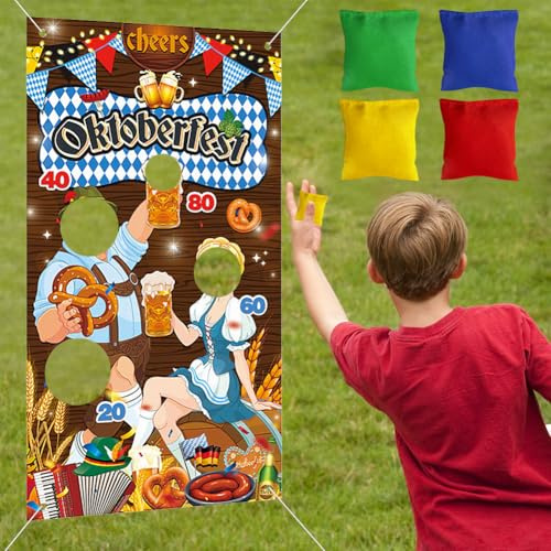 Oktoberfest-Foto-Requisiten-Banner, 1,37 x 7,32 m, Münchner Oktoberfest-Wurfspiel-Banner, Türbanner mit 4 Sitzsäcken für Kinder und Erwachsene, Bar, Bierzelte, Gartendekoration, Karnevalsbedarf
