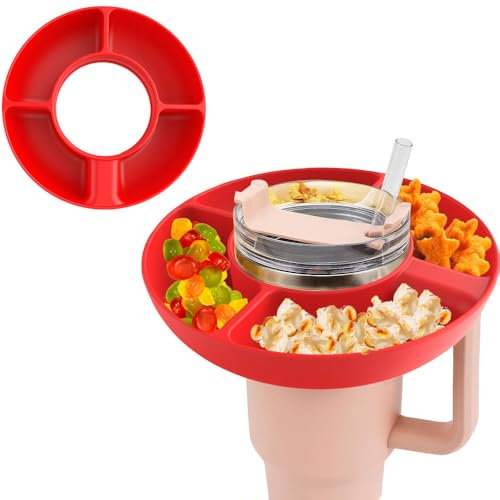 AIYoo Silicone Snack Tray for Stanley Cup 40oz,Reusable Dessert Bowl with Handle,4 Compartments Food Holder for Stanley Cups Accessories Popcorn Car Movie,Container for Tumbler,Red