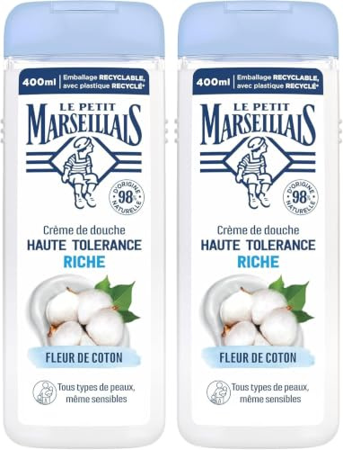 Le Petit Marseillais, Crème de Douche Haute Tolérance Riche Fleur de Coton (flacon de 400 ml) – 98% d'ingrédients d'origine naturelle – Pour tous types de peaux, même sensibles (Lot de 2)