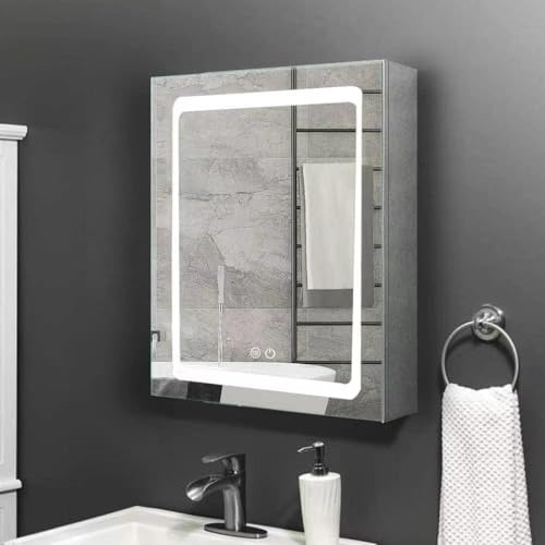 Janboe 51cm×71cm Mirror Cabinet with Light,Stainless Steel,Internal Lighting,USB Shaver Socket,3 Colors,Dimmer,Defogger