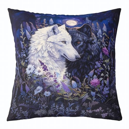 Homewish Wölfe Kissenbezüge 55x55 Schwarz und Weißer Wolf Jugendliche Kissen Bezüge Botanische Blumenblumen Kissenbezug Sternenmond Weich Couch Bett Sofa Dekokissenbezüge