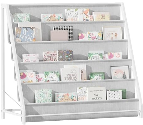 Hironpal 5 Tier Children Bookcase, Metal Kids Bookshelf, White | Toddler Sling Book Rack, Baby Storage Display Shelf with Soft Canvas for Kids Room, Playroom, Nursery, Bedroom