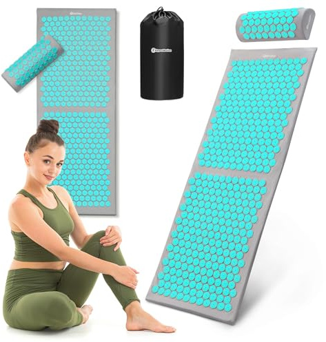 HyperMotion Akupressurmatte mit Kissen - Akupunktur Matte - Massagematte Ganzkörpermassage und Regeneration, Akupressurmatte Set für Entspannung Grau -Mint, 130 x 50 x 2 cm