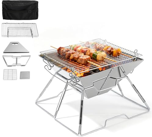 Hebitod Mini Campinggrill Klappbar 31x31cm Holzkohlegrill Edelstahl Tragbarer Grill mit Tragetasche, Kleiner BBQ Grill 2-fach Höhenverstellbar für Camping Picknick Balkon Garten