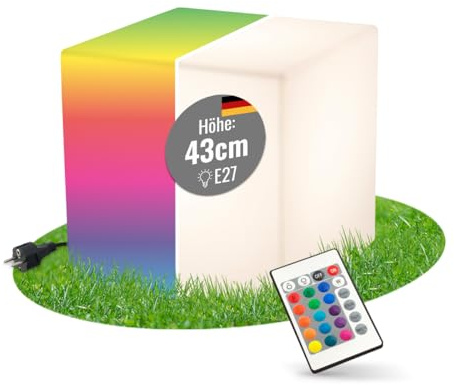 8 seasons LED Würfel 43cm Shining Cube RGB – Leuchtwürfel für außen & innen | Farbwechsel, dimmbar, E27-Fassung, Fernbedienung, LED austauschbar, wetterfest IP65, mit Strom, für Garten, Terrasse, Balkon