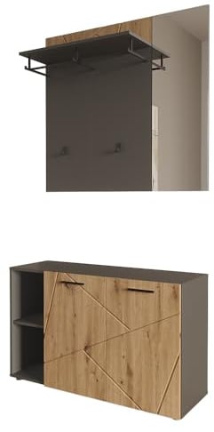 Vicco Garderobe Irma, Anthrazit/Artisan, 106 x 63 cm Set mit Schuhschrank und Wandgarderobe mit Spiegel