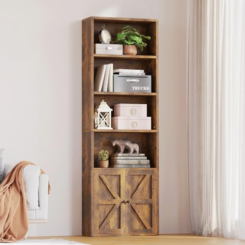 CoziBB Tall Bookshelf, 6 Tier Bookcase with Cabinet Doors, Modern Bookshelves Display Rack, Storage Cabinet for Home, Office, Living Room, 23.5 x 55.5 x 181 cm, Brown