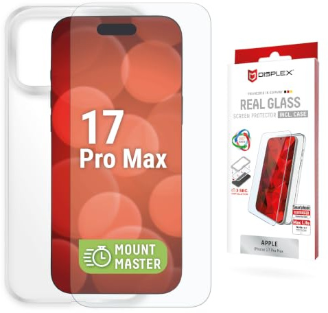 Displex Schutzglas + Schutzhülle für iPhone 17 Pro Max (10H), MountMaster | DISPLEX Real Glass + transparente Schutzhülle, 10H Panzerglas, Bruchschutz, kratzfest, MountMaster für 3-Sek.-Montage