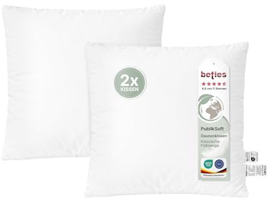 beties - PublikSoft - 2er Set Daunenkissen 40x40 cm – 250 g halbweiße 70% Daunen 30% Federn – Innenkissen & Füllung – waschbares Baumwoll Inlett – Sofakissen & Dekokissen – weich & voluminös